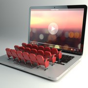 Video player app  or home cinema concept. Laptop and rows of cinema seats, 3d illustration